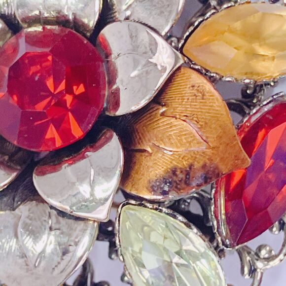 VTG 50s Mid Century Glass Floral Gold Tone Layered Rhinestone Brooch Red Orange - Picture 6 of 12